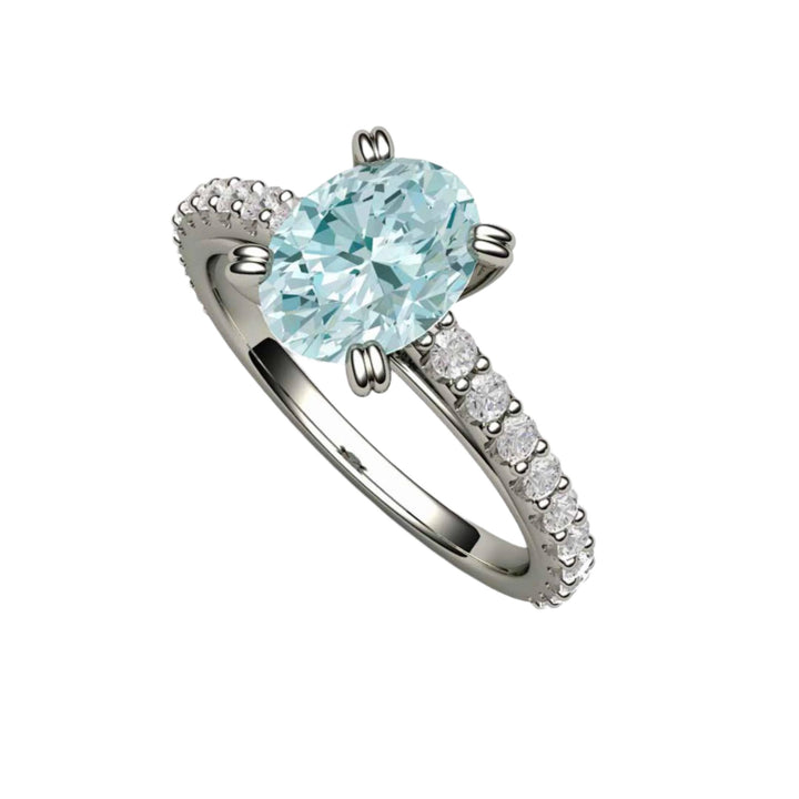 Oval Aquamarine Engagement Ring Pave Set Diamond Accents in a Double Prong Solitaire Setting in Gold or Platinum - Rare Earth Jewelry