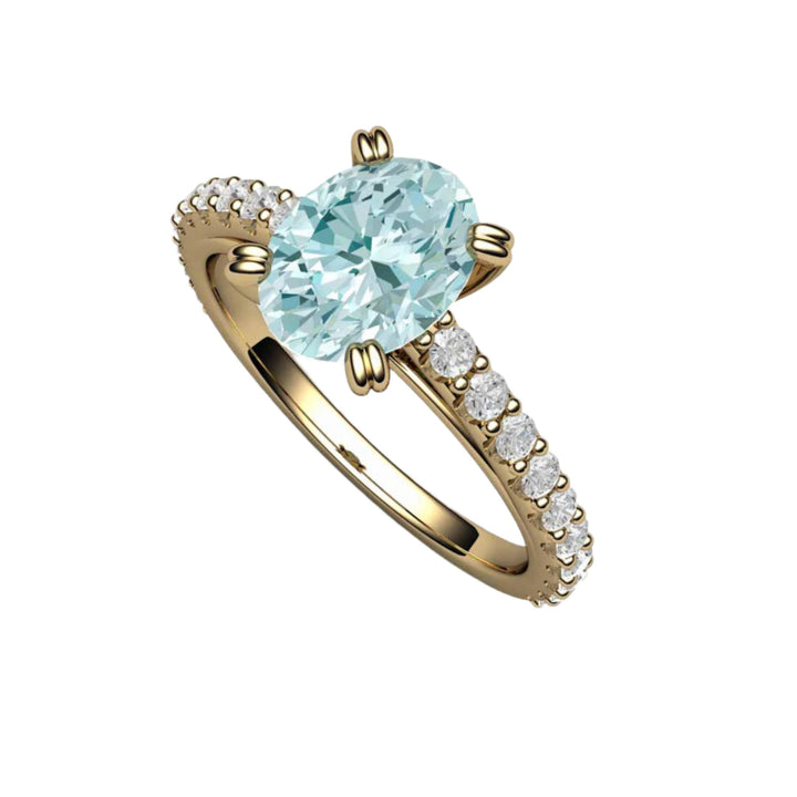 Oval Natural Aquamarine Engagement Ring 14K Yellow Gold Solitaire with Pave Diamonds and Double Pronged Cathedral Setting