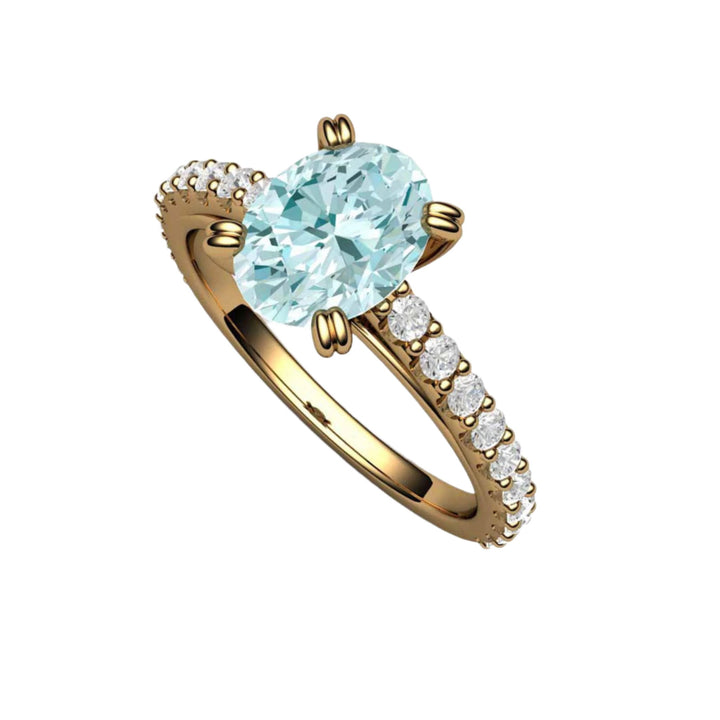 Oval Aquamarine Ring in 18K Yellow Gold Solitaire Engagement Ring Setting with Pave Diamond Accented Shank