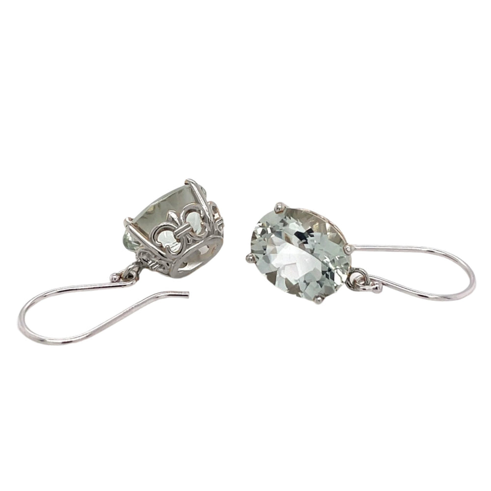 Oval Green Amethyst Drop Earrings | 14K Gold Fleur de Lis Design with Pastel Gemstones, Rare Earth Jewelry