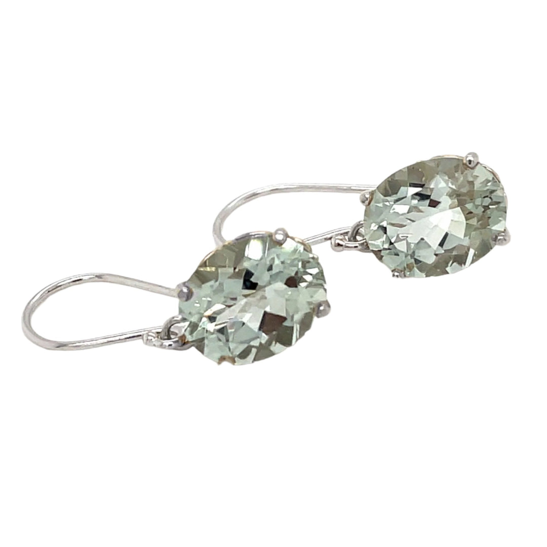 Oval Green Amethyst Drop Earrings | 14K Gold Fleur de Lis Design with Pastel Gemstones, Rare Earth Jewelry