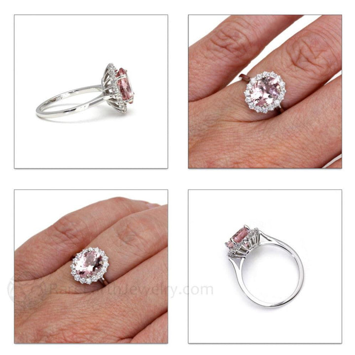 Alternate Views of Oval Morganite Engagement Ring Vintage Cluster Halo with Diamonds | Rare Earth Jewelry