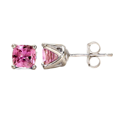 A pair of Pink Sapphire earrings Candy Pink Sapphire square cushion cut studs in 14K Gold from Rare Earth Jewelry.