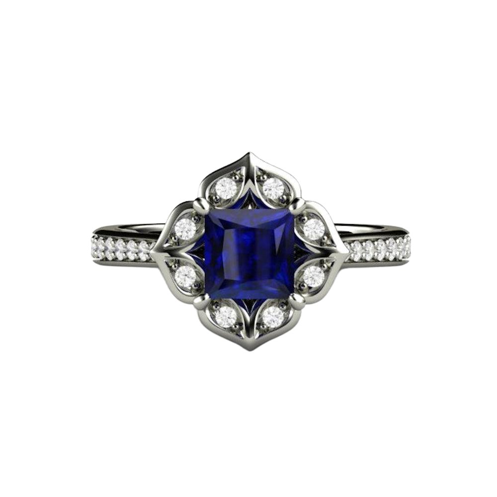 Art Deco Princess Blue Sapphire Engagement Ring Vintage Style, Rare Earth Jewelry
