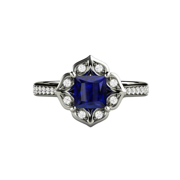 Art Deco Princess Blue Sapphire Engagement Ring Vintage Style, Rare Earth Jewelry