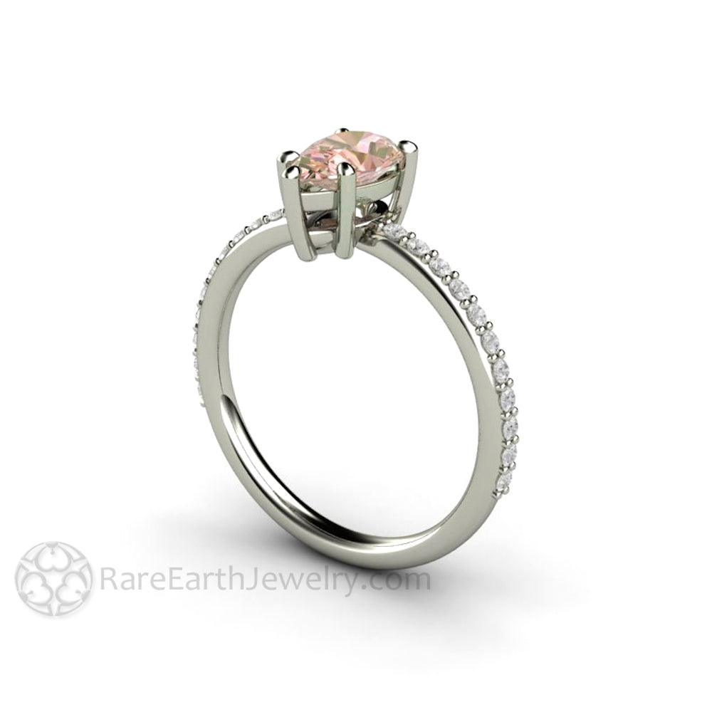 Dainty Pear Cut Pink Sapphire Engagement Ring | Light Pink Solitaire with Pavé Diamonds, Rare Earth Jewelry
