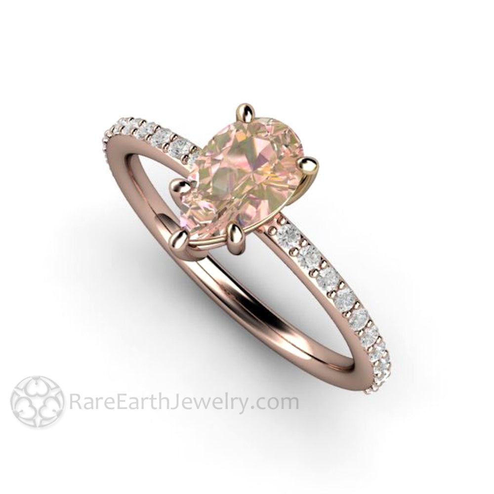 Dainty Pear Cut Pink Sapphire Engagement Ring | Light Pink Solitaire with Pavé Diamonds, Rare Earth Jewelry