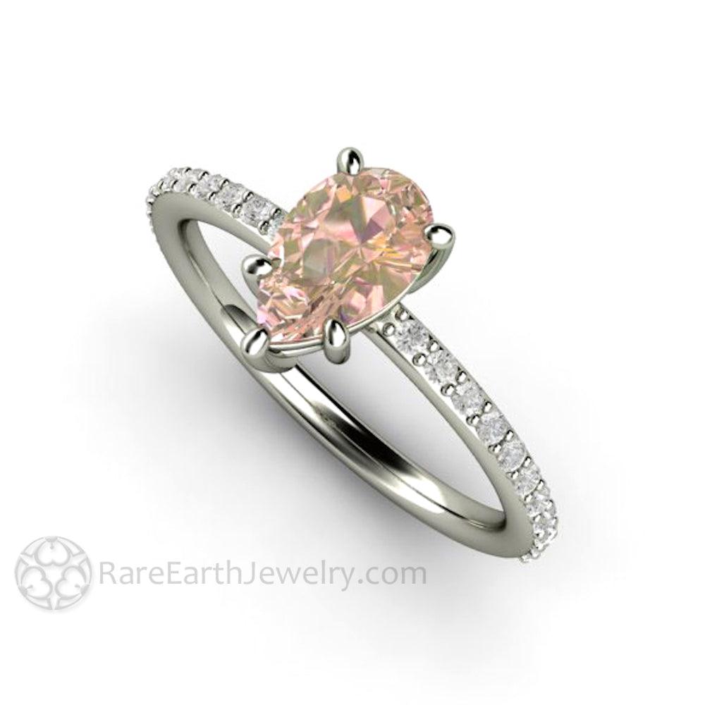 Dainty Pear Cut Pink Sapphire Engagement Ring | Light Pink Solitaire with Pavé Diamonds, Rare Earth Jewelry