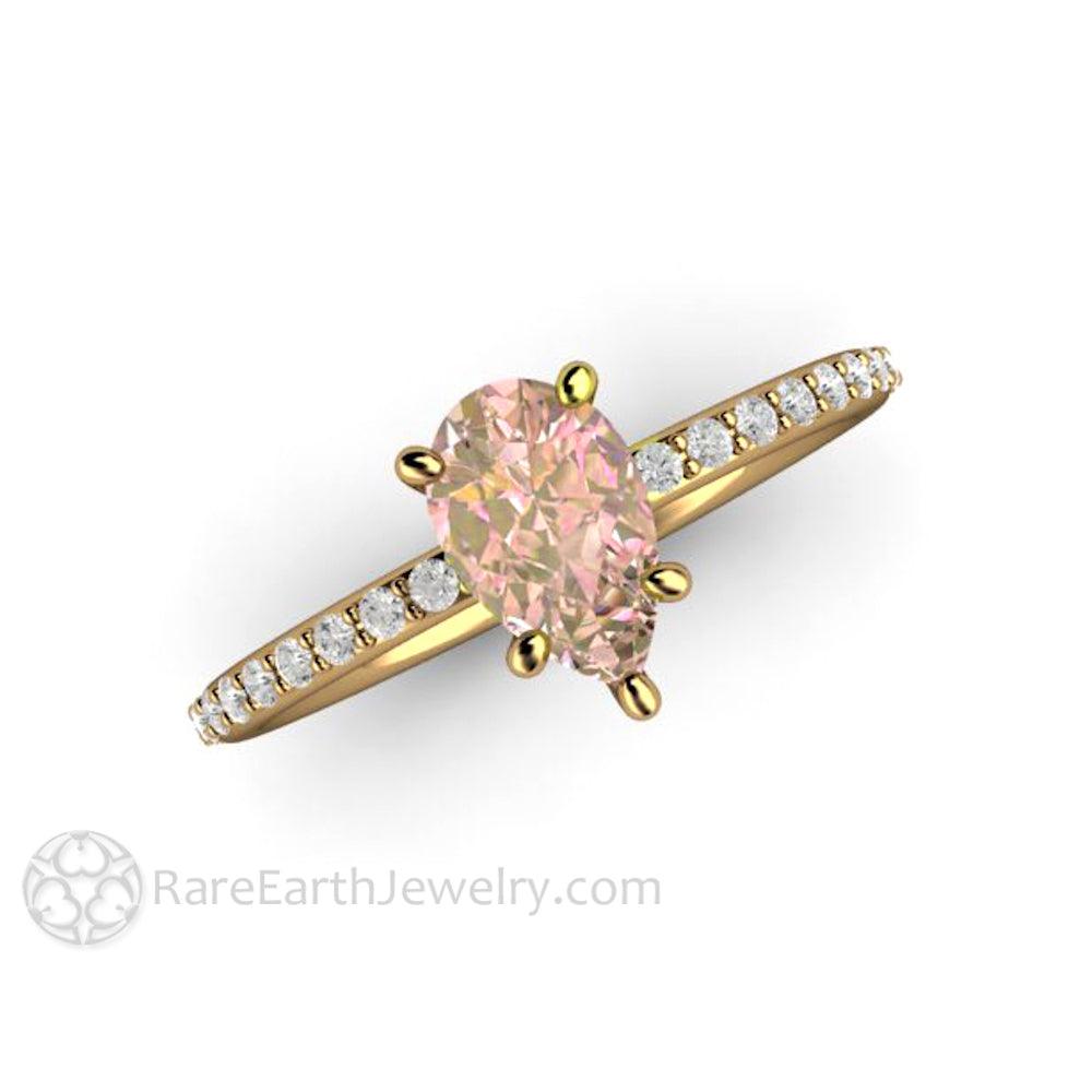 Dainty Pear Cut Pink Sapphire Engagement Ring | Light Pink Solitaire with Pavé Diamonds, Rare Earth Jewelry
