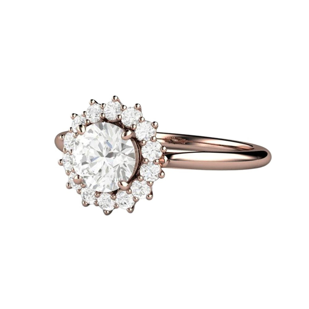 Round Diamond Engagement Ring Vintage Style Cluster Halo, Rare Earth Jewelry