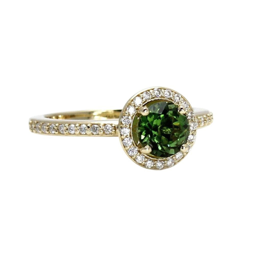 Round Green Tourmaline Ring with Diamond Halo, October Birthstone, Natural Green Tourmaline Ring in 14K or 18K Gold or Platinum | Rare Earth Jewelry