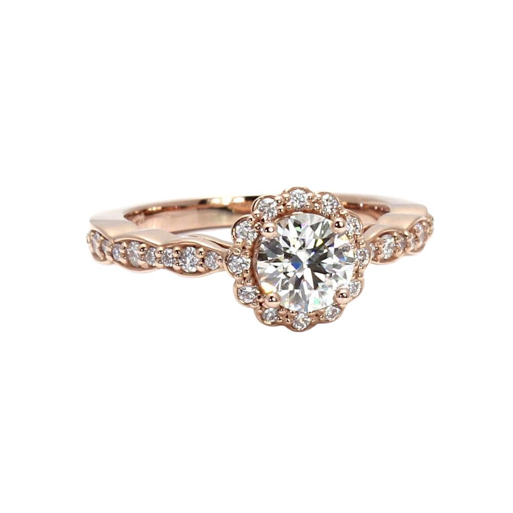 Round Moissanite Halo Engagement Ring Vintage Inspired Design, Rare Earth Jewelry