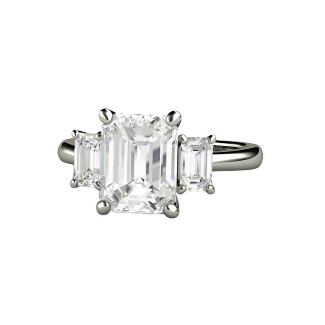 Three Stone Emerald Cut Moissanite Engagement Ring, Forever One Moissanite Ring, Eco-Friendly Engagement Rings | Rare Earth Jewelry