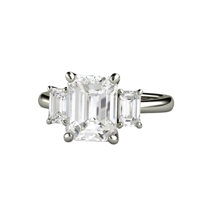 Three Stone Emerald Cut Moissanite Engagement Ring, Forever One Moissanite Ring, Eco-Friendly Engagement Rings | Rare Earth Jewelry
