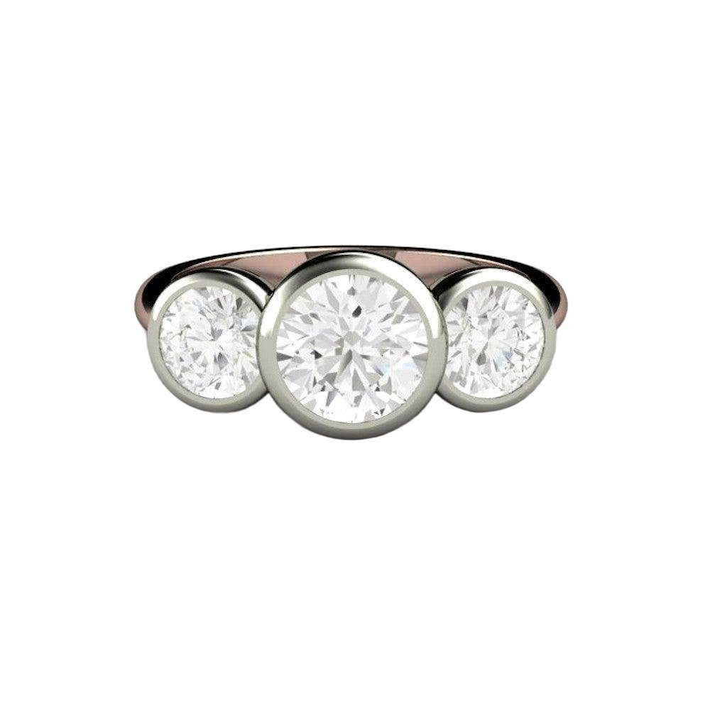 Bezel Set Three Stone Engagement Ring with Forever One Moissanite, Rare Earth Jewelry