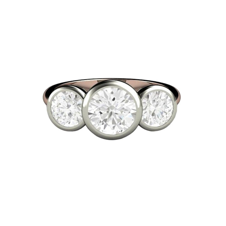 Bezel Set Three Stone Engagement Ring with Forever One Moissanite, Rare Earth Jewelry