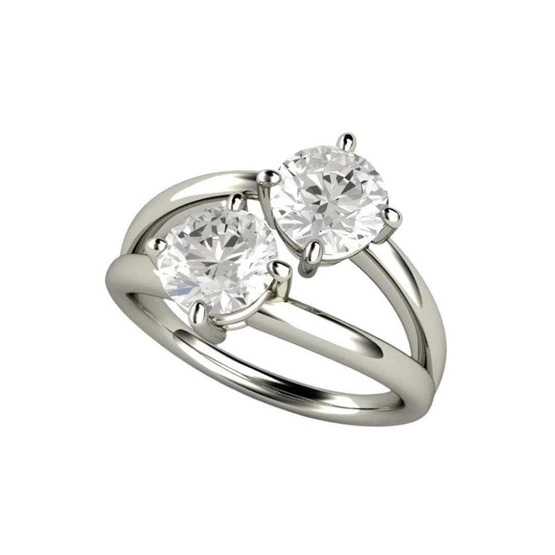 Duo Engagement Ring, Forever One Moissanite 2 Stone Ring, Round Colorless Moissanite
