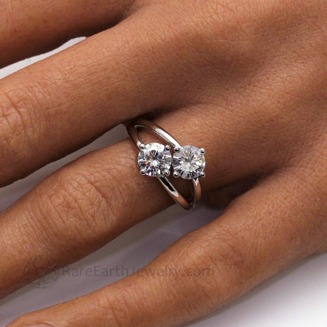 2 Stone Forever One Moissanite Engagement Ring, 2 Carats Total Weight, Duo Ring on the Hand