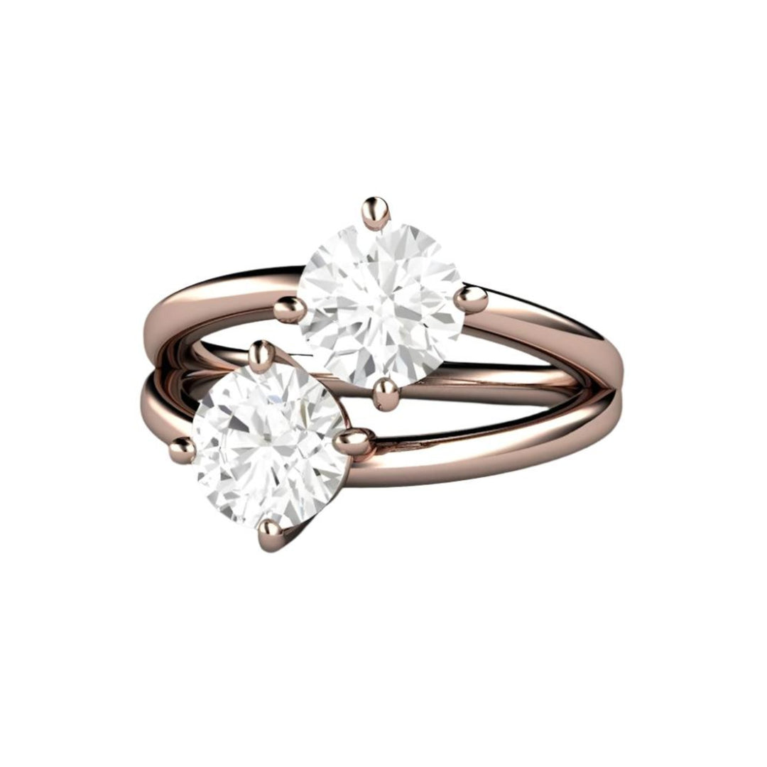 Colorless Moissanite 2 Stone Ring, Charles and Colvard Duo Engagement Ring, 14K Rose Gold