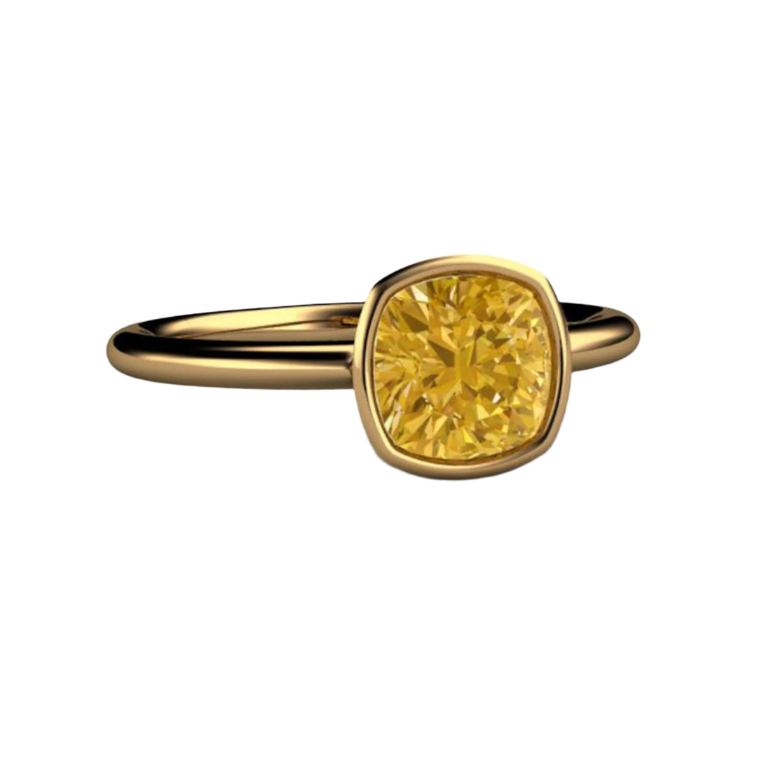 18K Gold Yellow Moissanite Cushion Cut Ring, Simple Solitaire Ring with Lab Grown Stone, Eco Friendly Engagement Ring from Rare Earth Jewelry