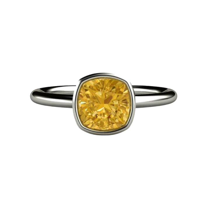 Yellow Moissanite Engagement Ring in White Gold Bezel Setting Cushion Cut Moissanite Solitaire Ring, Rare Earth Jewelry
