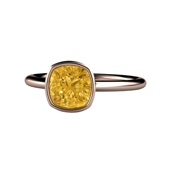 Yellow Moissanite Engagement Ring  in Rose Gold, Cushion Cut Moissanite Bezel Setting, Rare Earth Jewelry