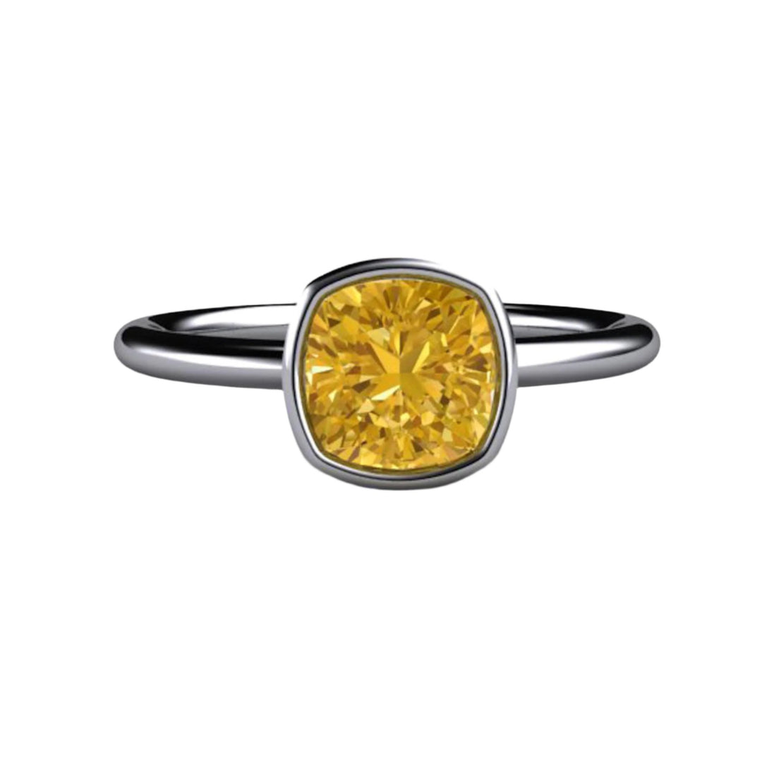 Yellow Moissanite Cushion Cut Engagement Ring in Platinum, Yellow Moissanite Solitaire in Bezel Setting, Rare Earth Jewelry