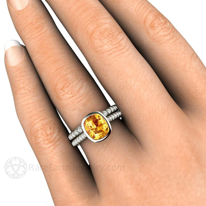 Yellow Sapphire Engagement Ring Cushion Cut Bezel Setting with Diamonds, Rare Earth Jewelry