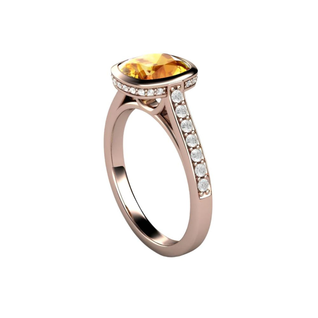 Yellow Sapphire Engagement Ring Cushion Cut Bezel Setting with Diamonds, Rare Earth Jewelry