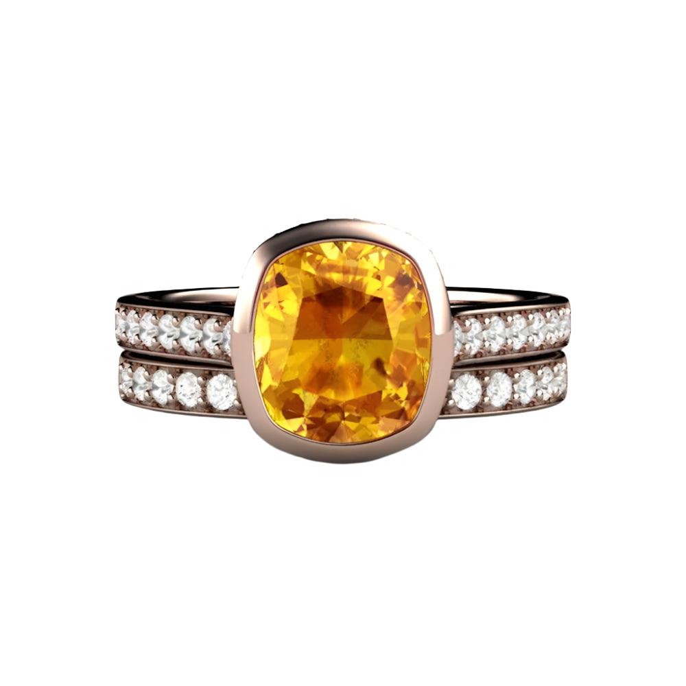 Yellow Sapphire Engagement Ring Cushion Cut Bezel Setting with Diamonds, Rare Earth Jewelry