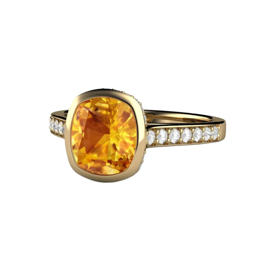 Yellow Sapphire Engagement Ring Cushion Cut Bezel Setting with Diamonds, Rare Earth Jewelry