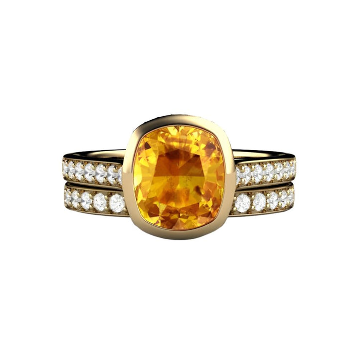 Yellow Sapphire Engagement Ring Cushion Cut Bezel Setting with Diamonds, Rare Earth Jewelry
