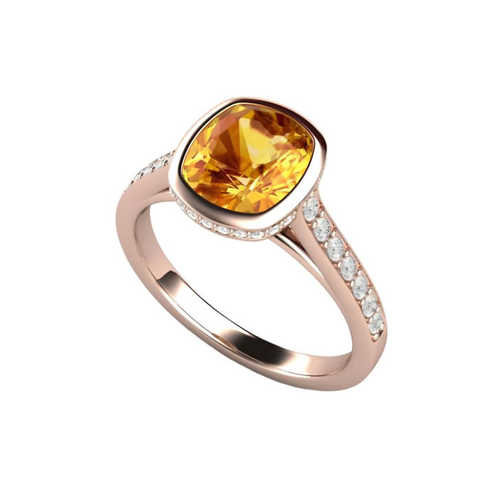 Yellow Sapphire Engagement Ring Cushion Cut Bezel Setting with Diamonds, Rare Earth Jewelry