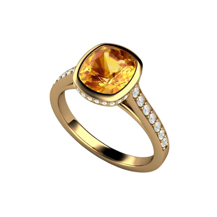 Yellow Sapphire Engagement Ring Cushion Cut Bezel Setting with Diamonds, Rare Earth Jewelry