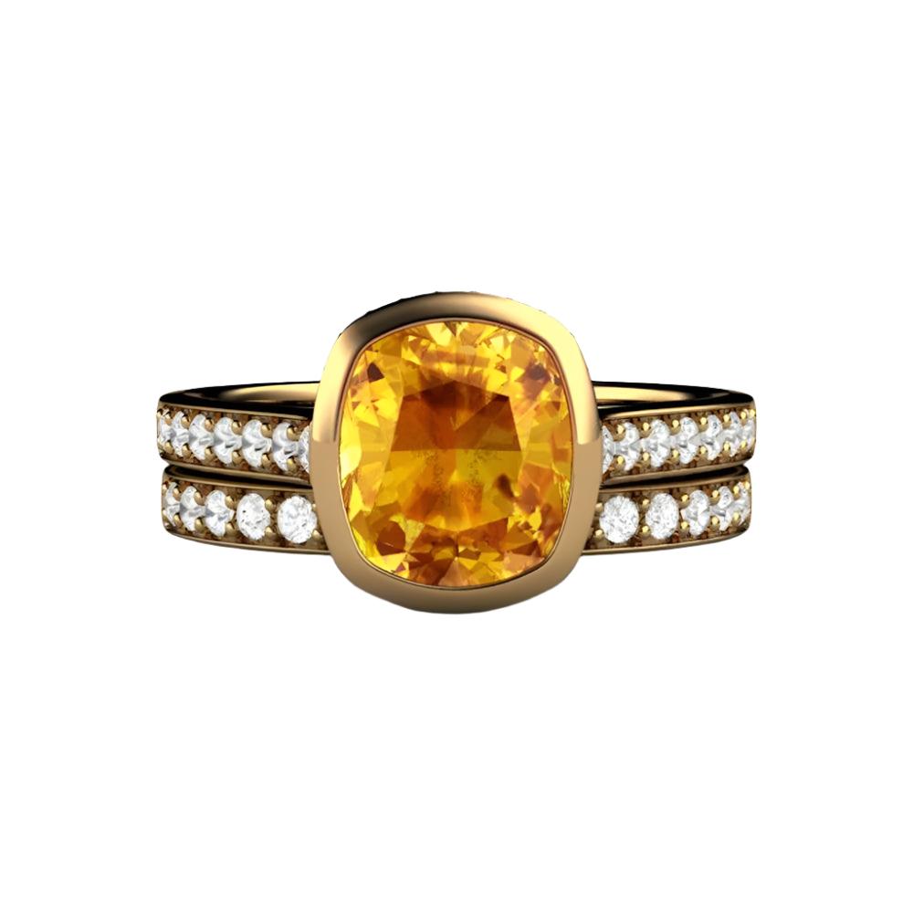 Yellow Sapphire Engagement Ring Cushion Cut Bezel Setting with Diamonds, Rare Earth Jewelry