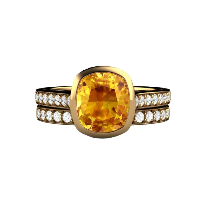 Yellow Sapphire Engagement Ring Cushion Cut Bezel Setting with Diamonds, Rare Earth Jewelry