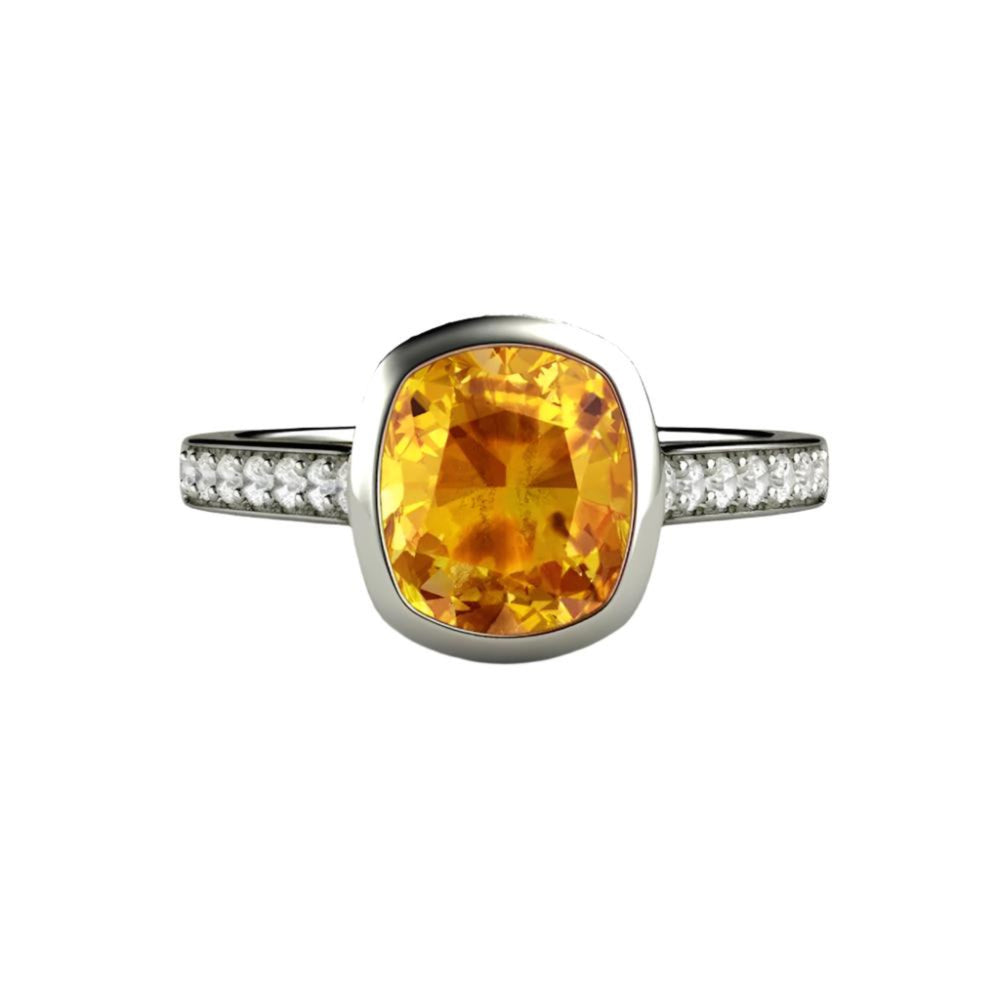 Yellow Sapphire Engagement Ring Cushion Cut Bezel Setting with Diamonds, Rare Earth Jewelry
