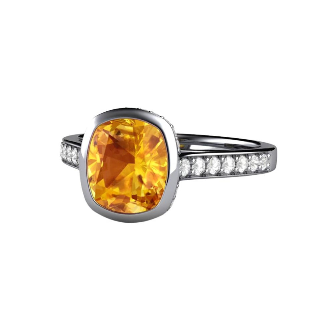 Yellow Sapphire Engagement Ring Cushion Cut Bezel Setting with Diamonds, Rare Earth Jewelry