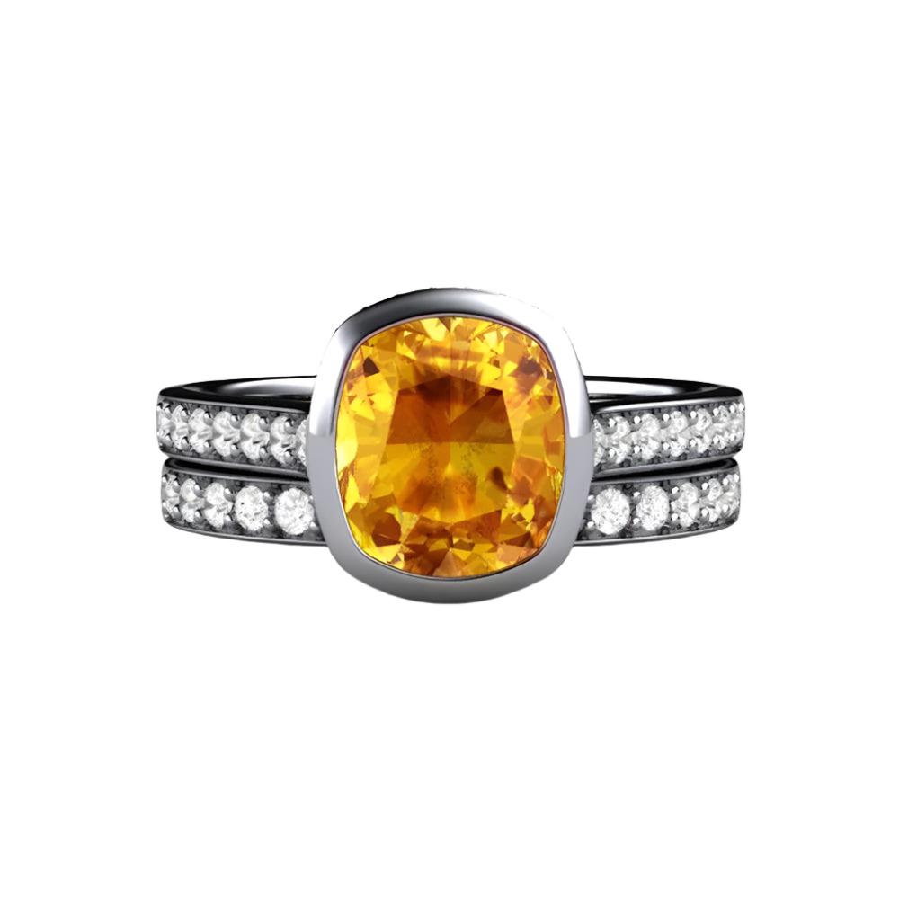 Yellow Sapphire Engagement Ring Cushion Cut Bezel Setting with Diamonds, Rare Earth Jewelry