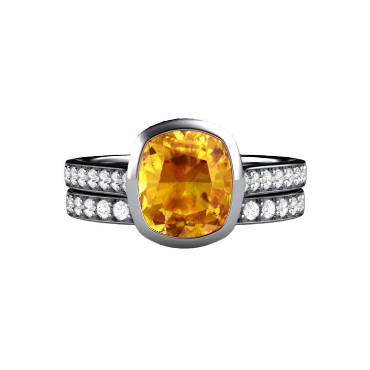 Yellow Sapphire Engagement Ring Cushion Cut Bezel Setting with Diamonds, Rare Earth Jewelry