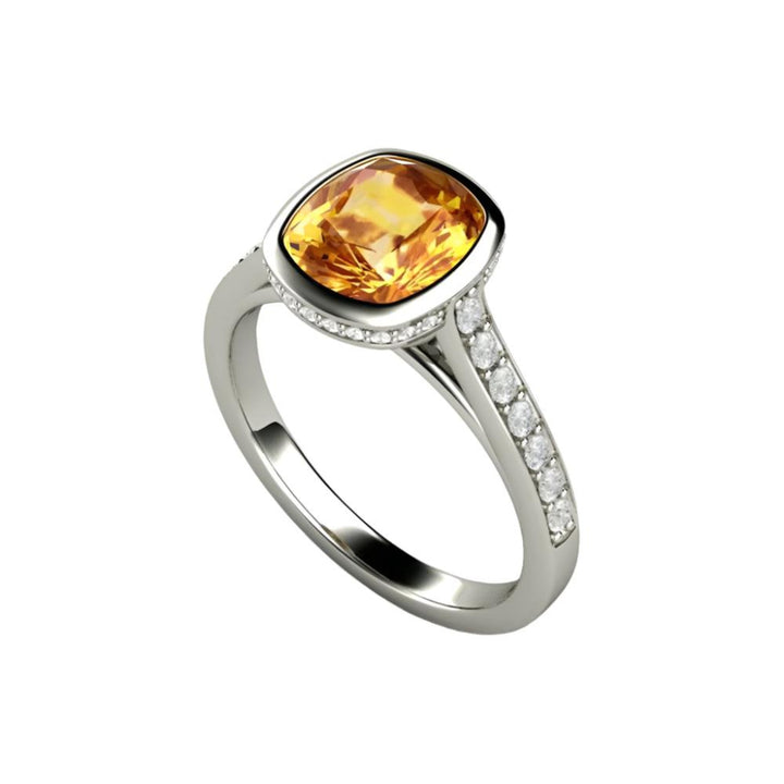 Yellow Sapphire Engagement Ring Cushion Cut Bezel Setting with Diamonds, Rare Earth Jewelry