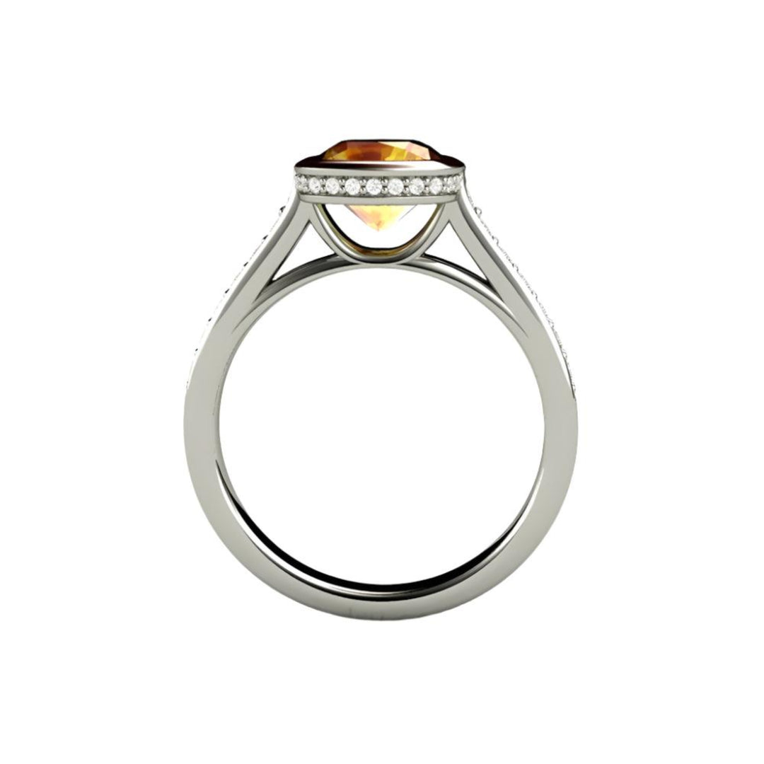 Yellow Sapphire Engagement Ring Cushion Cut Bezel Setting with Diamonds, Rare Earth Jewelry