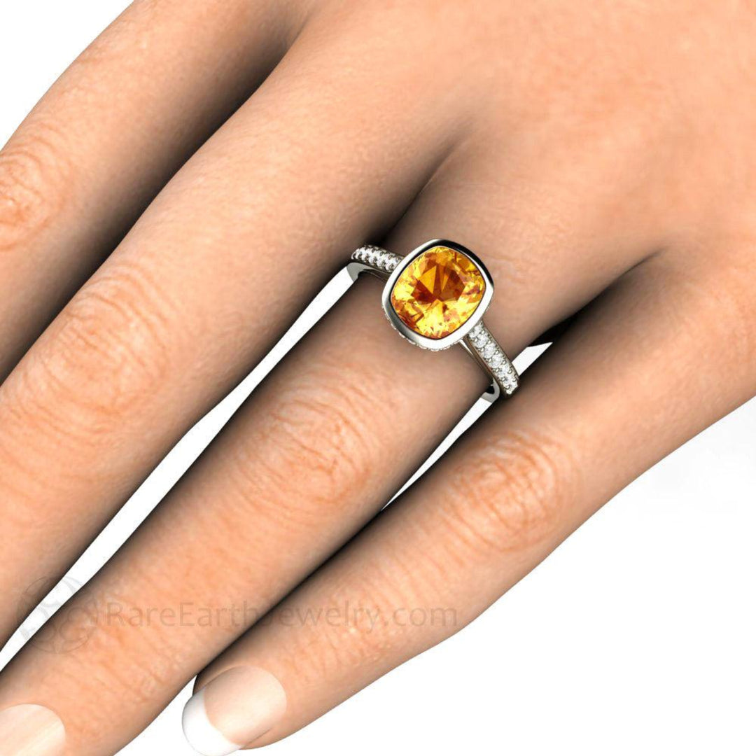 Yellow Sapphire Engagement Ring Cushion Cut Bezel Setting with Diamonds, Rare Earth Jewelry