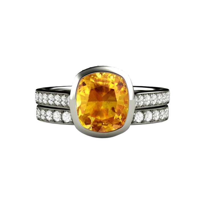 Yellow Sapphire Engagement Ring Cushion Cut Bezel Setting with Diamonds, Rare Earth Jewelry