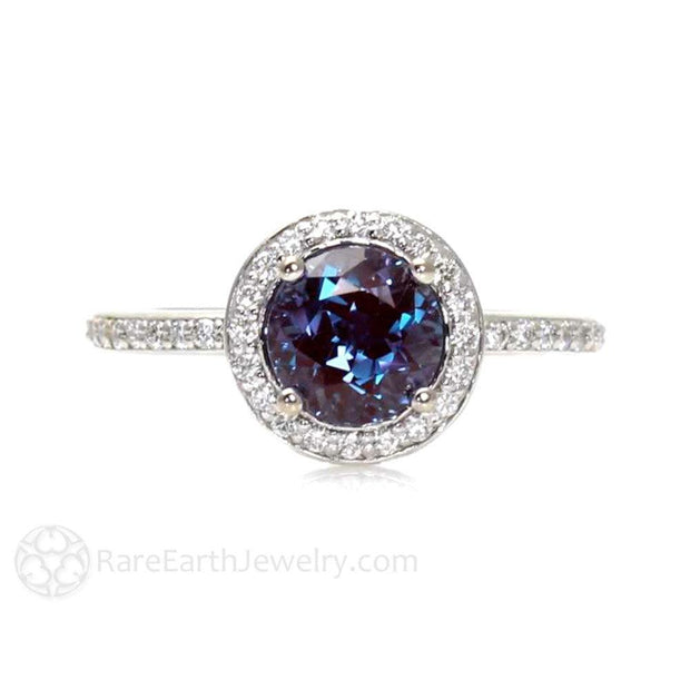 Alexandrite Engagement Ring with Diamond Halo June Birthstone 18K White Gold - Rare Earth Jewelry