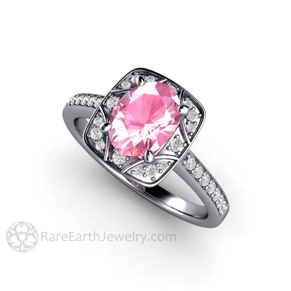 Oval Pink Sapphire Engagement Ring Art Deco Geometric Design, Rare Earth Jewelry
