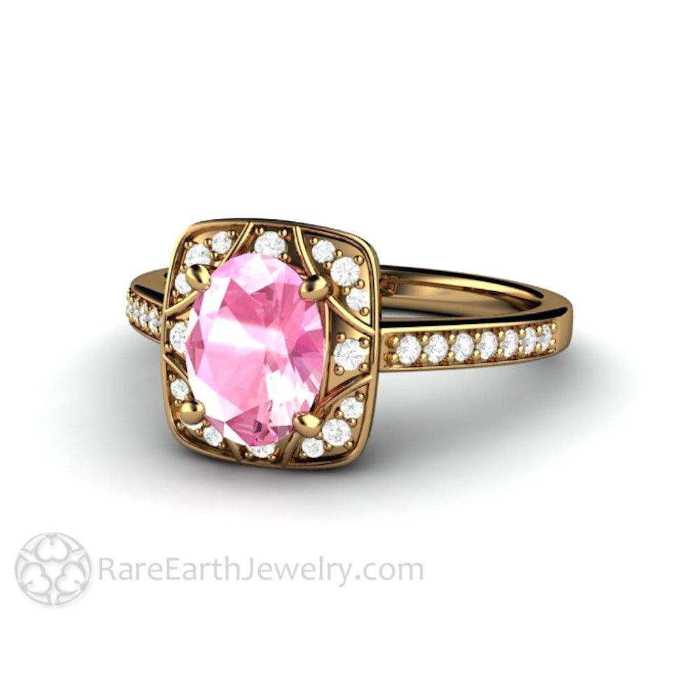 Oval Pink Sapphire Engagement Ring Art Deco Geometric Design, Rare Earth Jewelry