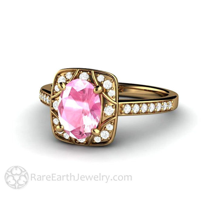 Oval Pink Sapphire Engagement Ring Art Deco Geometric Design, Rare Earth Jewelry