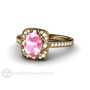 Antique Pink Sapphire Engagement Ring Art Deco Geometric Style with Diamonds 18K Yellow Gold - Engagement Only - Rare Earth Jewelry
