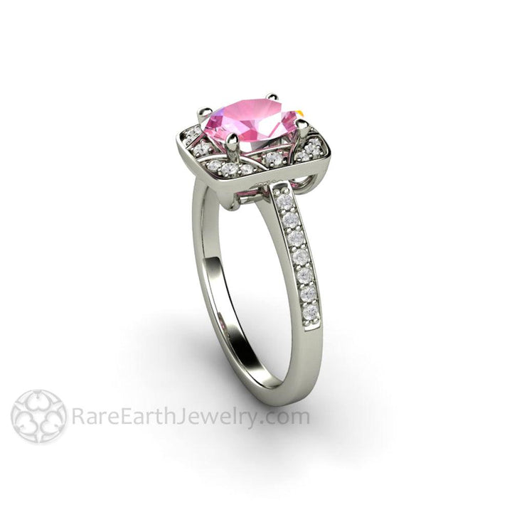 Oval Pink Sapphire Engagement Ring Art Deco Geometric Design, Rare Earth Jewelry